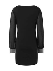 Elasticity See-Through Split-Joint Long Sleeves Loose V-neck Mini Dresses