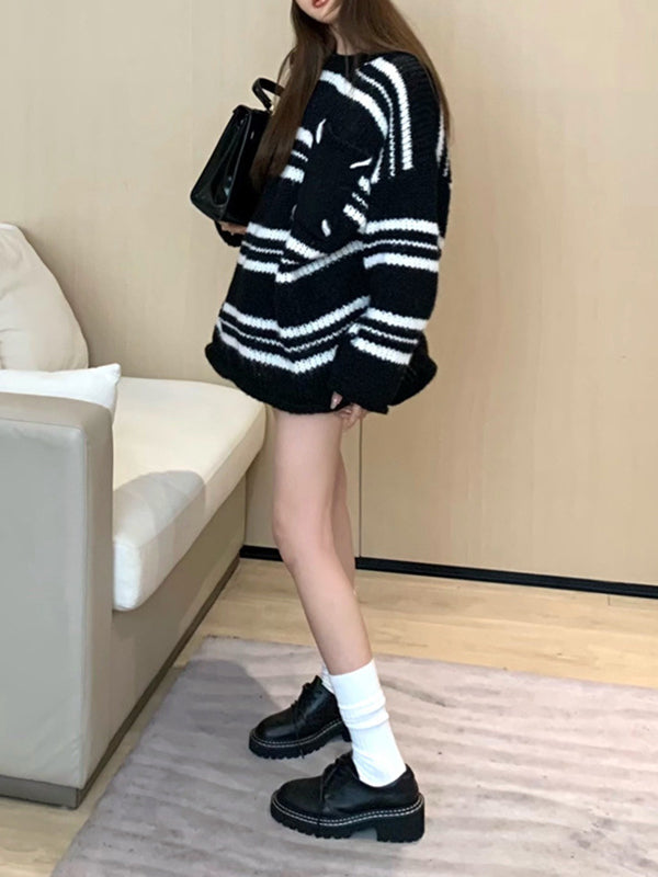 Split-Joint Striped Long Sleeves Loose Round-Neck Sweater