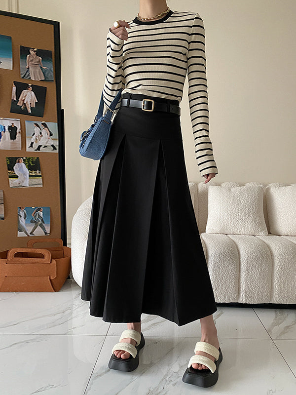 Pleated Solid Color Split-Joint A-Line High Waisted Skirts Bottoms