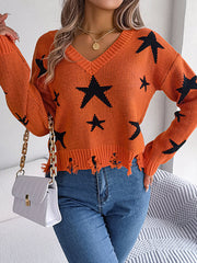 Contrast Color Fringed Split-Joint Long Sleeves Loose V-Neck Sweater Tops