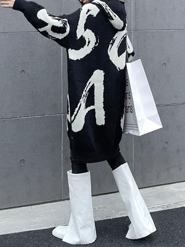 Knitted Letters Pockets Long Sleeves Loose Hooded Sweater Dresses Mini Dresses