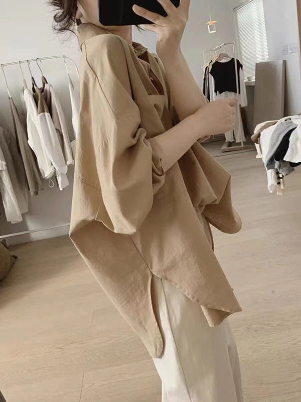 Casual Long Sleeves Loose Buttoned Solid Color Lapel Collar Blouses&Shirts Tops