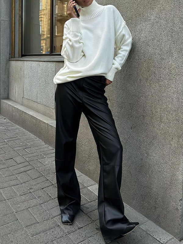Solid Color Split-Joint Long Sleeves Loose High Neck Sweater Tops Pullovers
