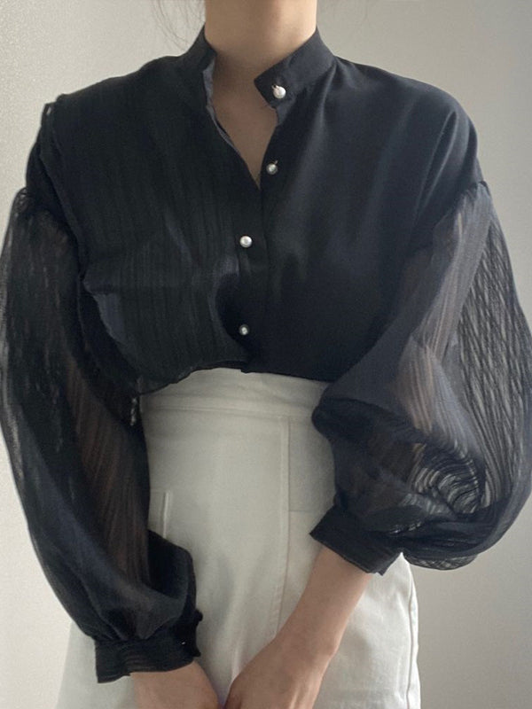 Asymmetric Buttoned See-Through Solid Color Split-Joint Long Sleeves Loose Stand Collar Blouses&shirts Tops