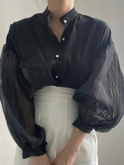 Asymmetric Buttoned See-Through Solid Color Split-Joint Long Sleeves Loose Stand Collar Blouses&shirts Tops