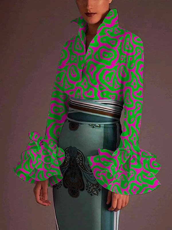 Falbala Flared Sleeves Printed Lapel Collar Blouses&Shirts Tops