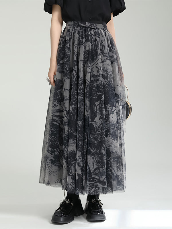 Gauze Pleated Printed Split-Joint A-Line Loose Skirts