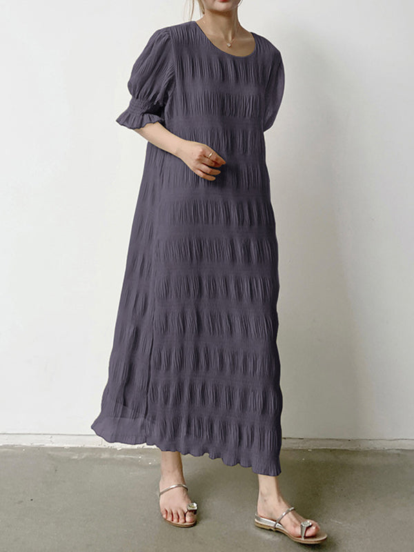 Pleated Solid Color Flared Sleeves Half Sleeves Round-Neck Midi Dresses