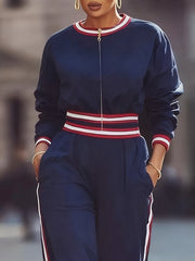 High Waisted Long Sleeves Pockets Striped Zipper Round-Neck Jumpsuits
