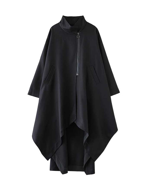 Pockets Solid Color Split-Joint Zipper High-low Long Sleeves Stand Collar Outerwear