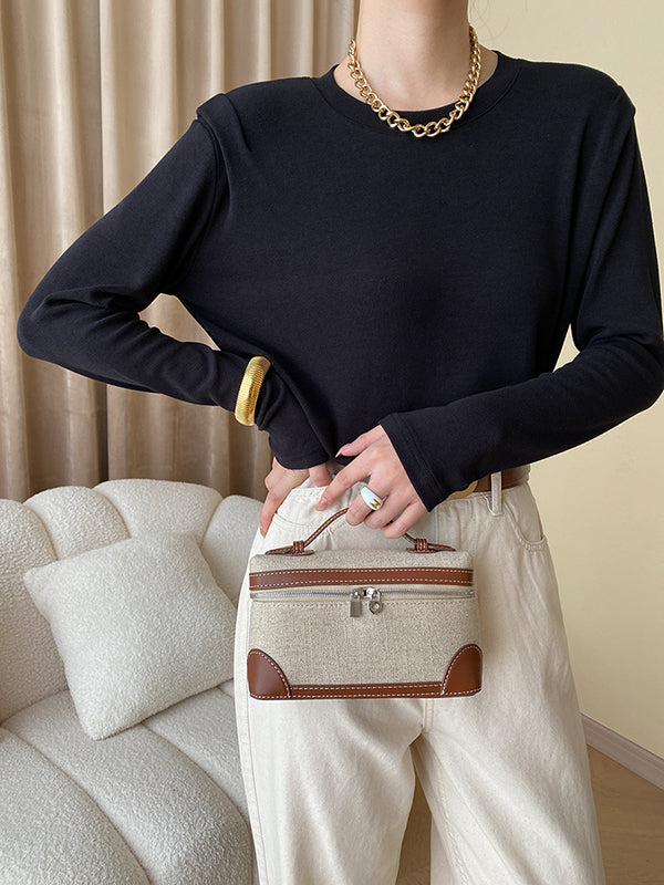 Solid Color Split-Joint Long Sleeves Round-Neck T-Shirts Tops