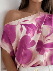 Flower Print Loose Short Sleeves One-shoulder Blouses&shirts Tops