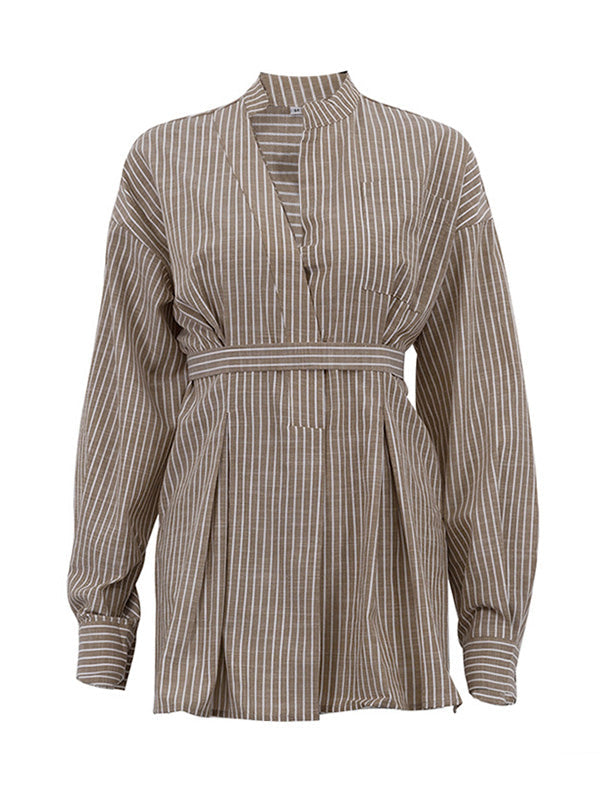 Pleated Split-Toe Striped Loose Puff Sleeves V-neck Blouses&shirts Tops