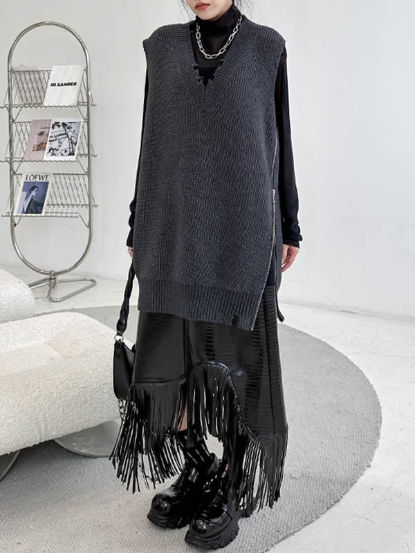 Asymmetric Split-Side Zipper Loose Sleeveless V-Neck Vest Outerwear