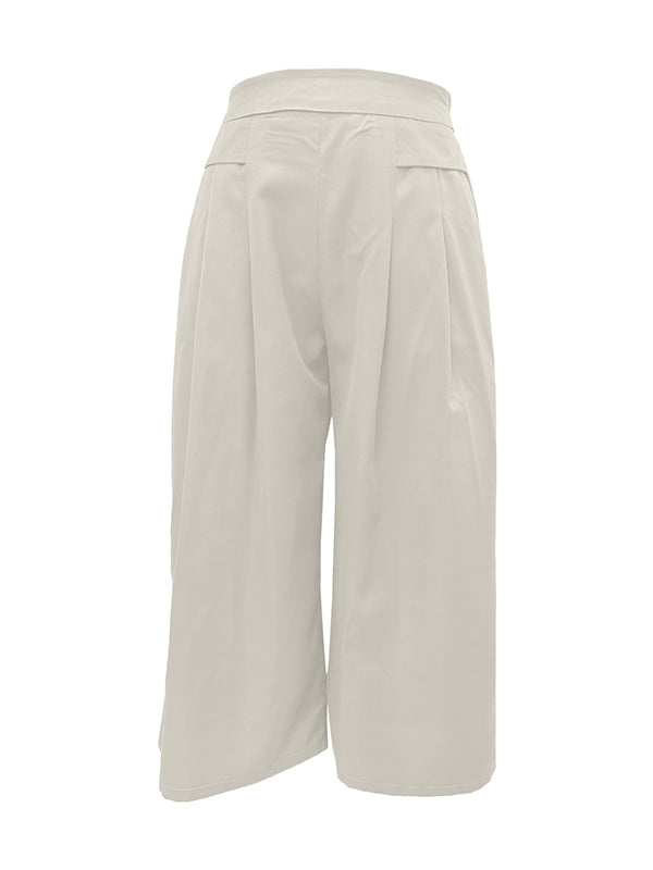 Pleated Pockets Solid Color Split-Joint Flared Pants High Waisted Trousers Ninth Pants