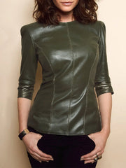 Three-Quarter Sleeves Solid Color Split-Joint Round-Neck T-Shirts Tops