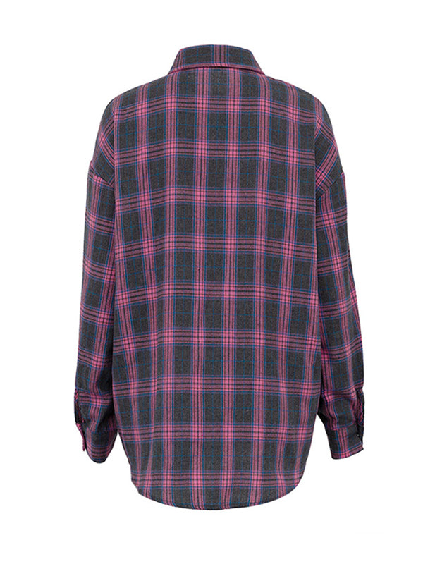 Buttoned Plaid Pockets Split-Joint Long Sleeves Loose Lapel Blouses&shirts Tops