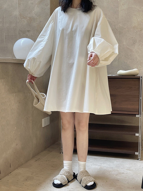 Urban Puff Sleeves Solid Color Round-Neck Mini Dress