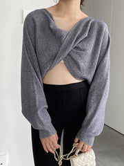 Knot Solid Color Batwing Sleeves Long Sleeves V-Neck Sweater Tops Pullovers