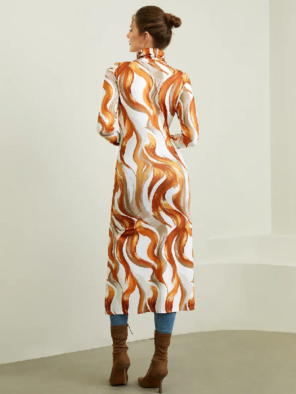 Printed High-low Long Sleeves High-neck T-Shirts Tops