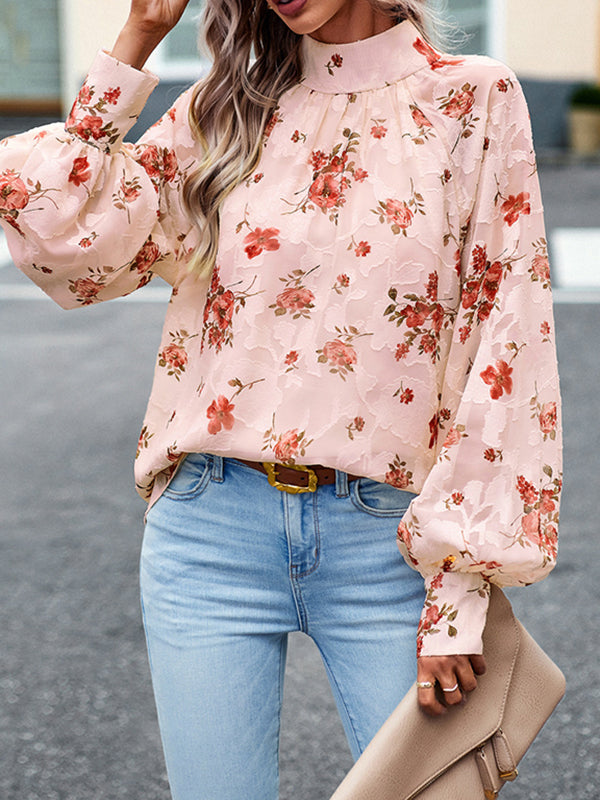 Flower Print Tied Long Sleeves Loose Mock Neck Blouses&Shirts Tops
