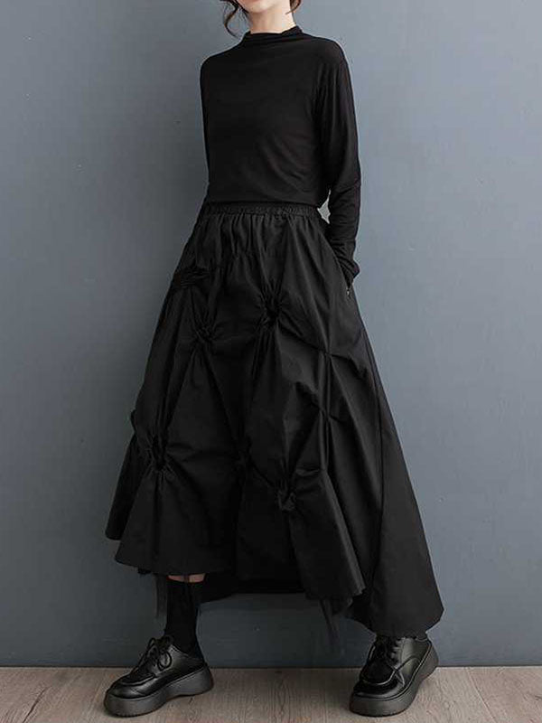 Elasticity Pleated Pockets Solid Color Tulle High-Low Loose Skirts Bottoms