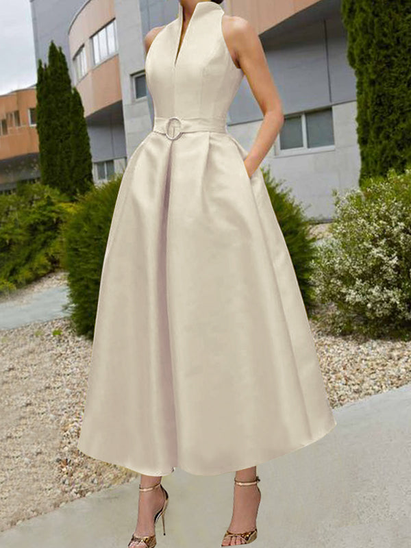 Belted Pleated Pockets Solid Color A-line Loose V-neck Midi Dresses