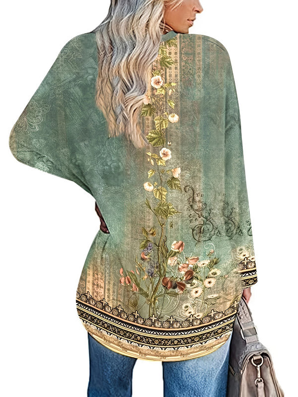 Flower Print Long Sleeves Loose Round-Neck T-Shirts Tops