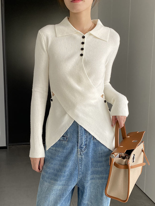 Asymmetric Buttoned Hollow Long Sleeves Skinny Lapel Sweater Pullovers Knitwear