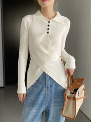 Asymmetric Buttoned Hollow Long Sleeves Skinny Lapel Sweater Pullovers Knitwear