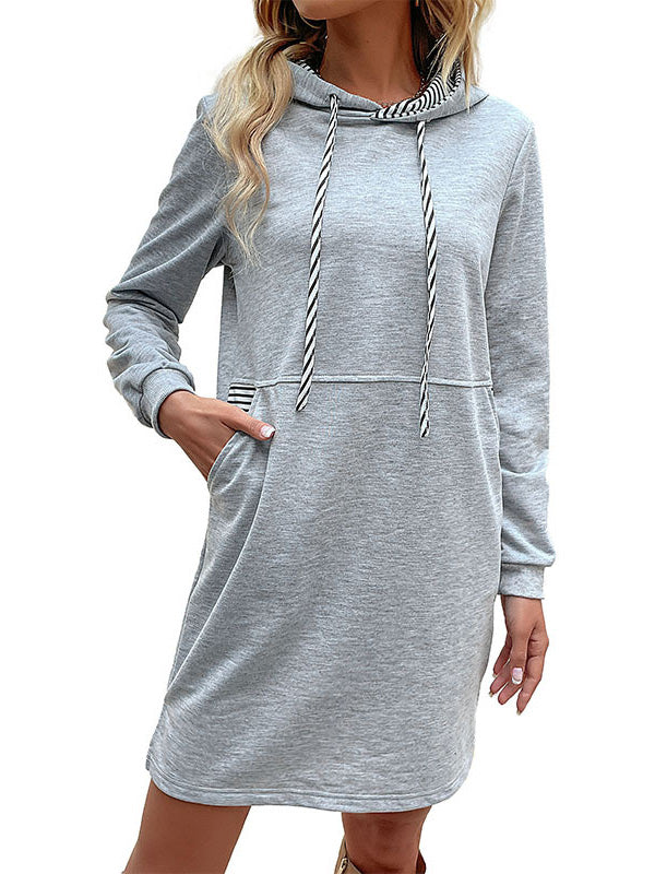 Drawstring Pockets A-line Long Sleeves Hoodies Mini Dresses