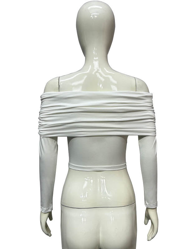 Pleated See-Through Solid Color Split-Joint Skinny Off-the-shoulder T-shirts