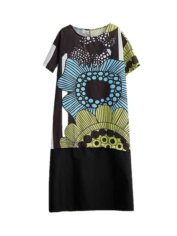 Flower Print Pockets Split-Joint A-Line Loose Round-Neck Midi Dresses