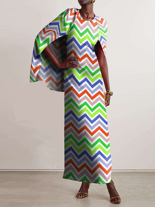 Printed Split-back Capelet Loose Round-neck Maxi Dresses