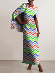 Printed Split-back Capelet Loose Round-neck Maxi Dresses