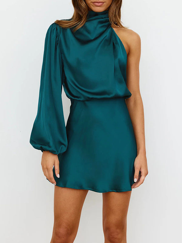 Asymmetric Elasticity Solid Color High Waisted Long Sleeves High Neck Mini Dresses