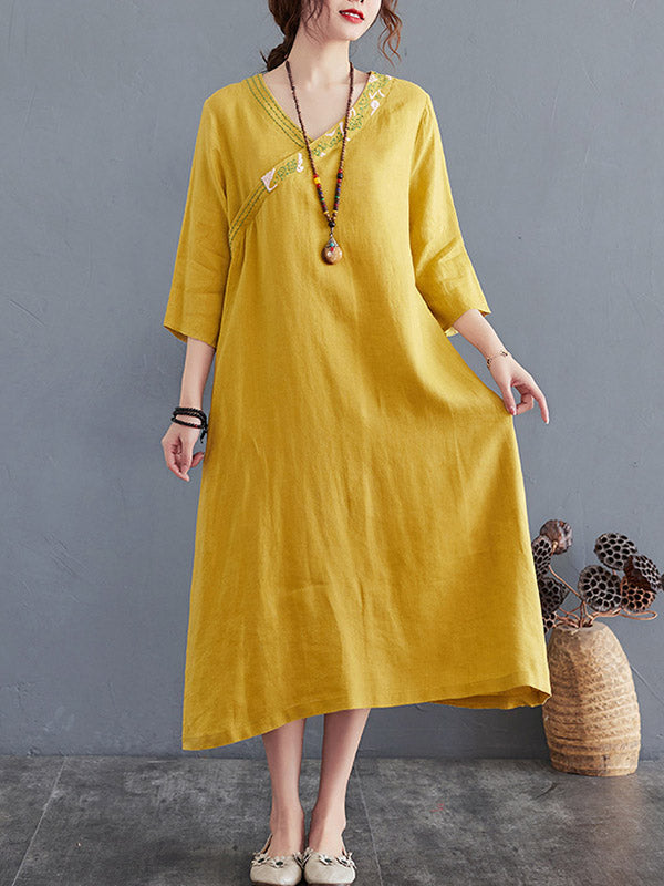 Cotton Blend V-Neck Embroidered Midi Dress