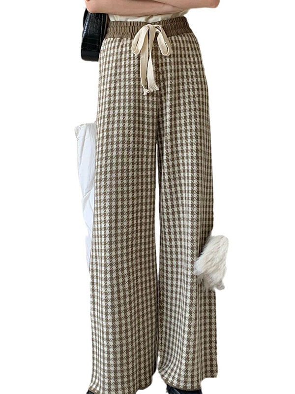 Drawstring Elasticity Plaid High Waisted Loose Trousers Pants