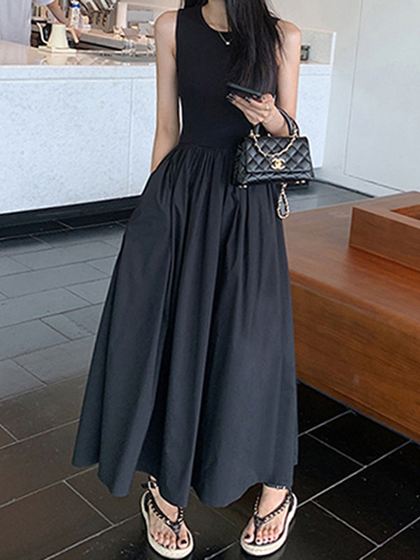 Pleated Pockets Solid Color Split-Joint High Waisted Sleeveless Round-Neck Midi Dresses