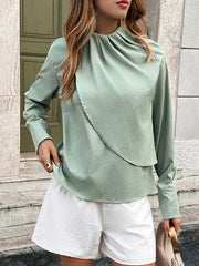 Buttoned Pleated Solid Color Long Sleeves Loose Mock Neck Blouses&shirts Tops