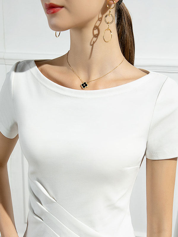 Pleated Solid Color Irregular clipping Short Sleeves Round-neck T-Shirts Tops