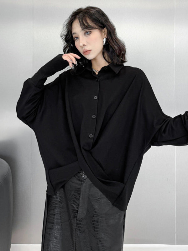 Buttoned Solid Color Twist Hipster Irregularity Lapel Collar Blouses&Shirts Tops
