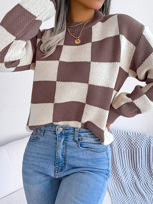 Contrast Color Plaid Long Sleeves Loose Round-Neck Sweater Tops
