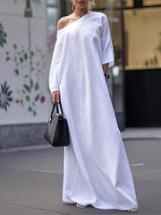 Long Sleeves Loose Solid Color One-Shoulder Maxi Dresses