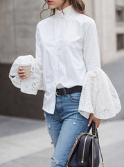 Buttoned Solid Color Split-Joint Long Sleeves Loose Mock Neck Blouses&Shirts Tops