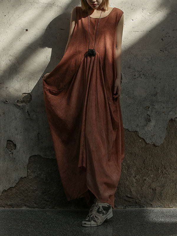 Pleated Split-Joint Loose Sleeveless Round-neck Maxi Dresses