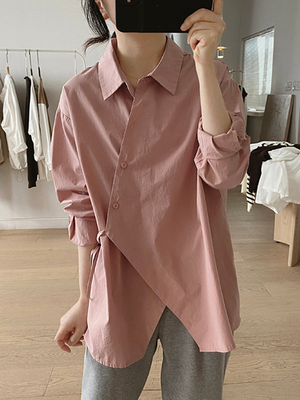 Lace-Up Solid Color Irregular Clipping Long Sleeves Lapel Blouses