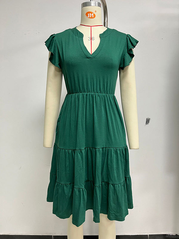 Pleated Pockets Solid Color Split-Joint Loose Ruffle Sleeves V-Neck Midi Dresses
