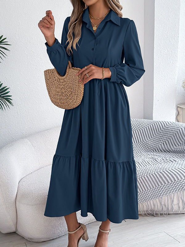 Pleated Ruffled Solid Color High Waisted Long Sleeves Lapel Shirt Dress Midi Dresses