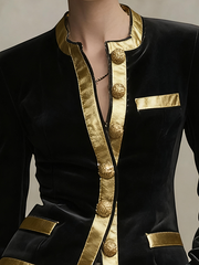 Buttoned Contrast Color Split-Joint Long Sleeves Round-neck Outerwear Jackets